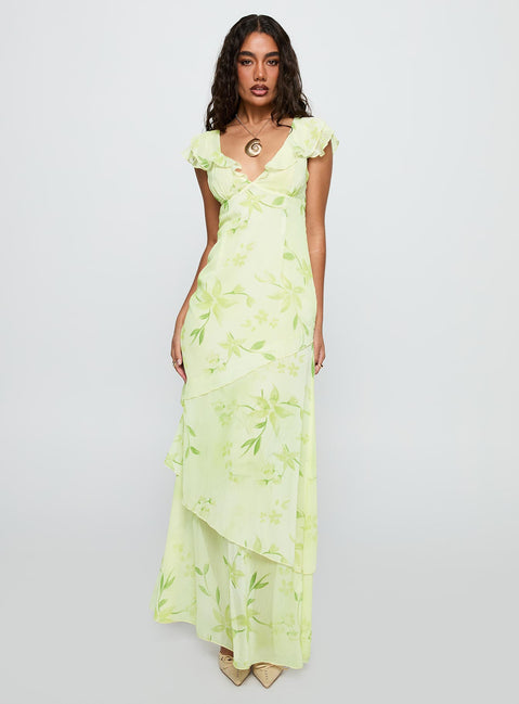 side view of model wearing Princess Polly Been Away Frill Maxi Dress Green Multi Plunger 