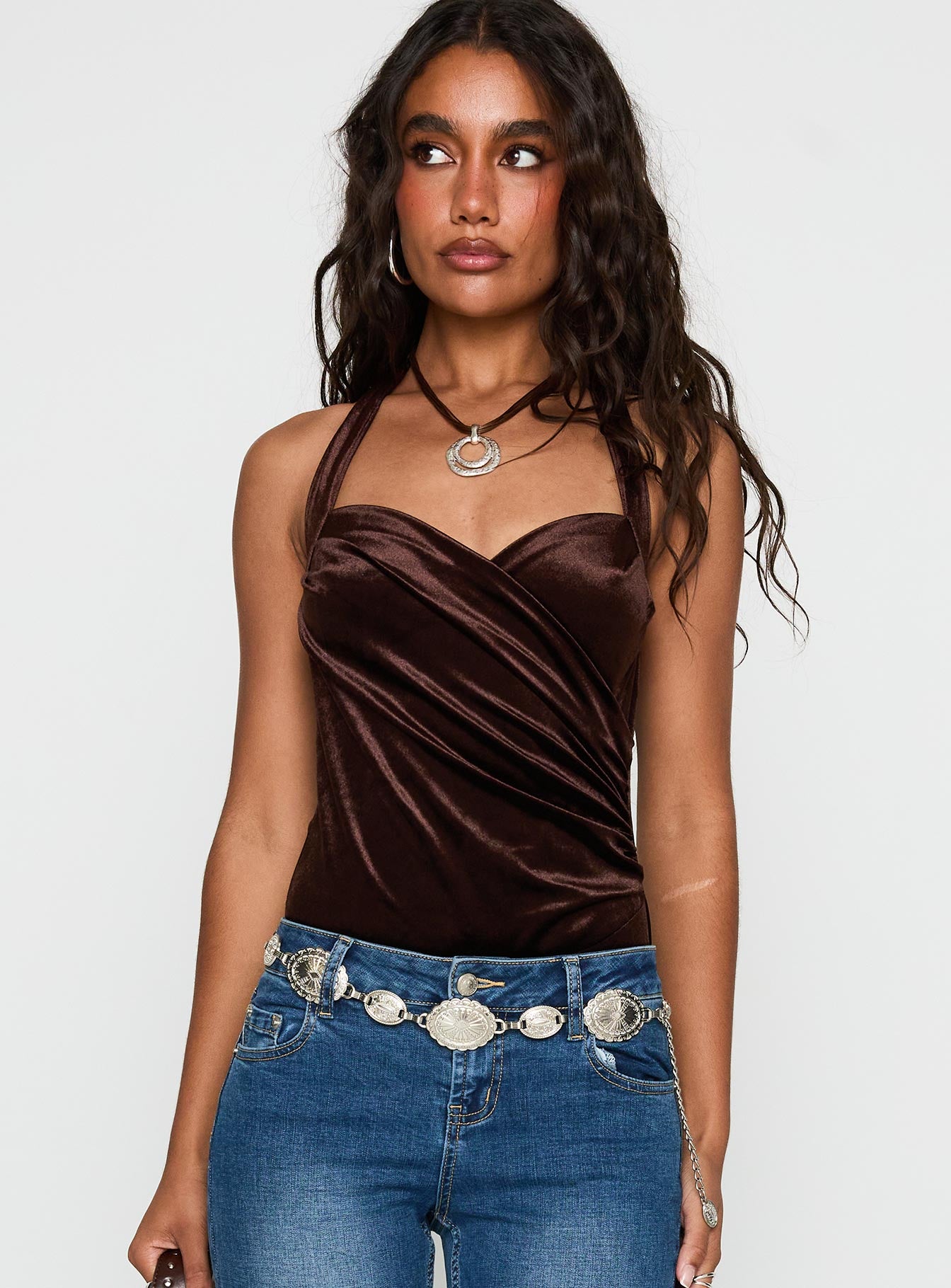 front view of model wearing Princess Polly Ruelle Halter Bodysuit Brown Sleeveless 