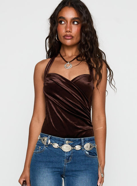 front view of model wearing Princess Polly Ruelle Halter Bodysuit Brown Sleeveless 