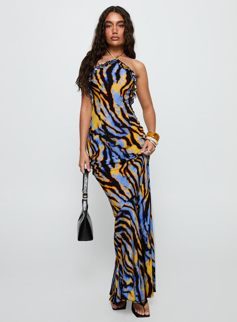 front view of model wearing Princess Polly Virginia Beach Backless Maxi Dress Blue Zebra High Neck 