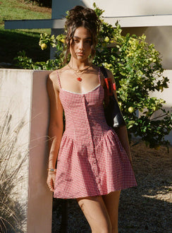 side view of model wearing Princess Polly Toulouse Mini Dress Red Gingham Scoop Neck 