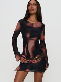 front view of model wearing Princess Polly Nyxia Long Sleeve Mini Dress Multi Scoop Neck 