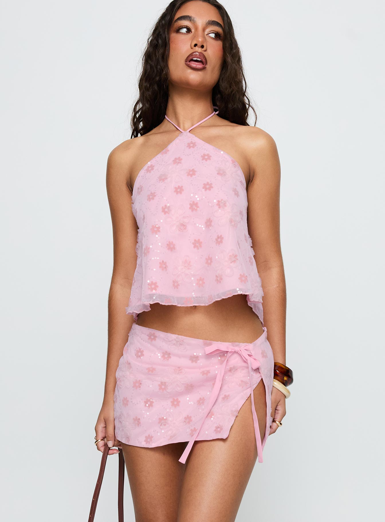   front view of model wearing Princess Polly Remembering Mini Skirt Pink Mini Skirts 