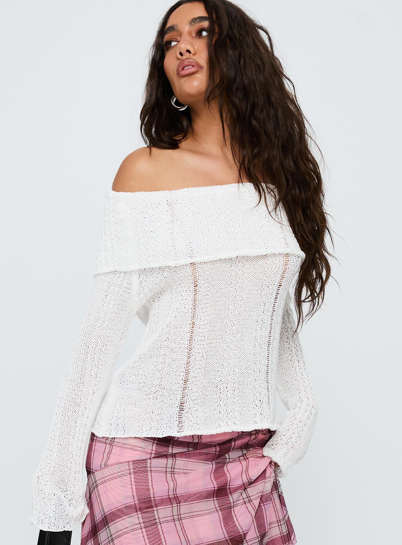side view of model wearing Princess Polly So Gone Off Shoulder Knit Sweater White 