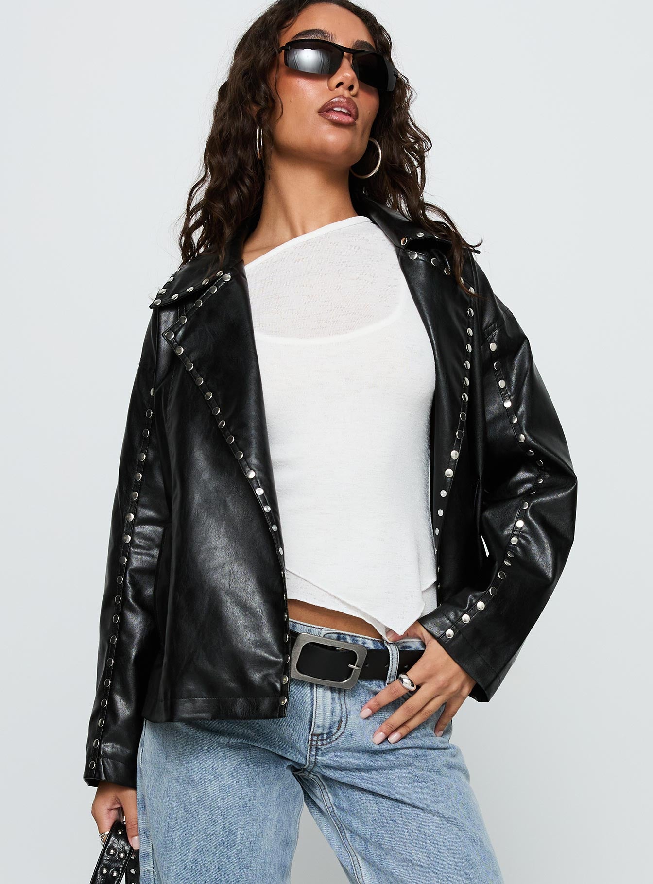 Kaeden Faux Leather Stud Detail Biker Jacket Black
