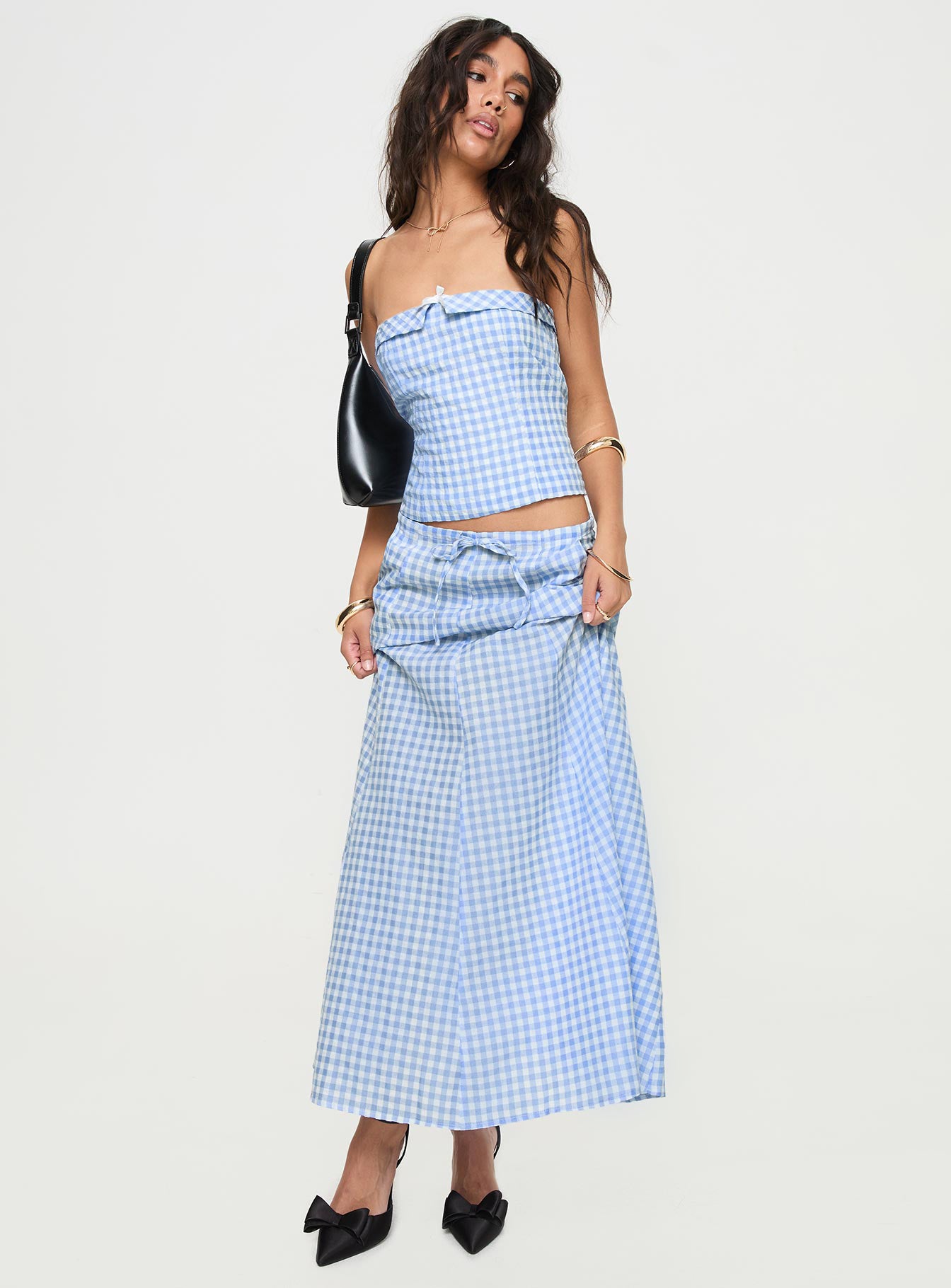   front view of model wearing Princess Polly Carmino Maxi Skirt Blue Check Midi Skirts 