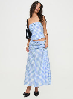   front view of model wearing Princess Polly Carmino Maxi Skirt Blue Check Midi Skirts 