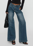 front view of model wearing Princess Polly Laguardia Wide Leg Jeans Dark Blue Wash Mid Rise 