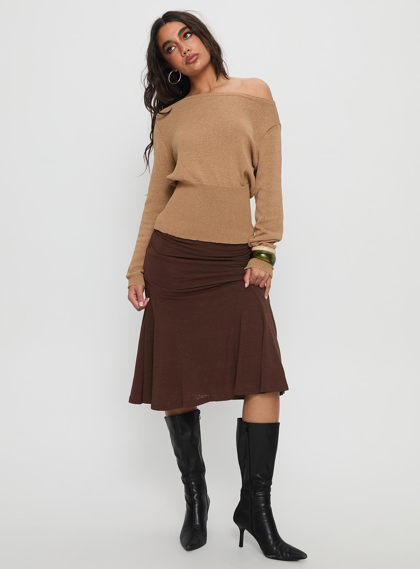   side view of model wearing Princess Polly Lewish Low Rise Midi Skirt Chocolate Midi Skirts 