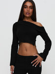 front view of model wearing Princess Polly Sina Off The Shoulder Top Black Full Sleeves Asymmetric Neckline 