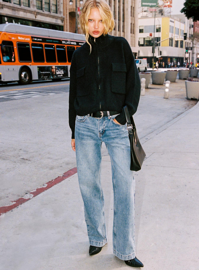 front view of model wearing Princess Polly Anelli Low Rise Straight Leg Jeans Light Blue Wash High Waisted 