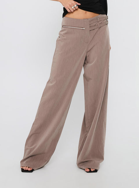 side view of model wearing Princess Polly Rinah Belted Cargo Pants Brown High Waisted Pants 