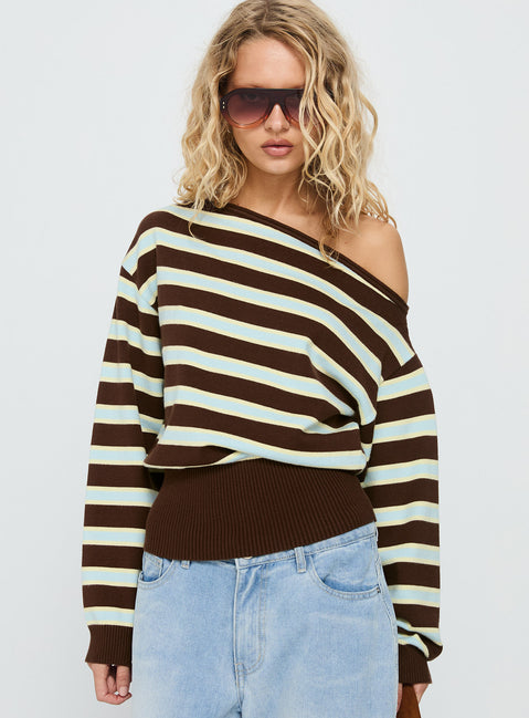 back view of model wearing Princess Polly Zinia Off Shoulder Knit Sweater Brown / Blue Stripe Cropped 