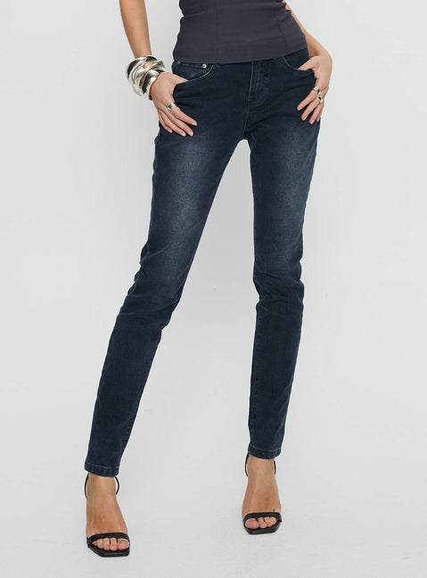 front view of model wearing Princess Polly Illyssa Mid Rise Skinny Jeans Washed Charcoal Mid Rise Jeans 