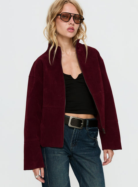 Jessalynn Faux Suede Zip Through Jacket Burgundy