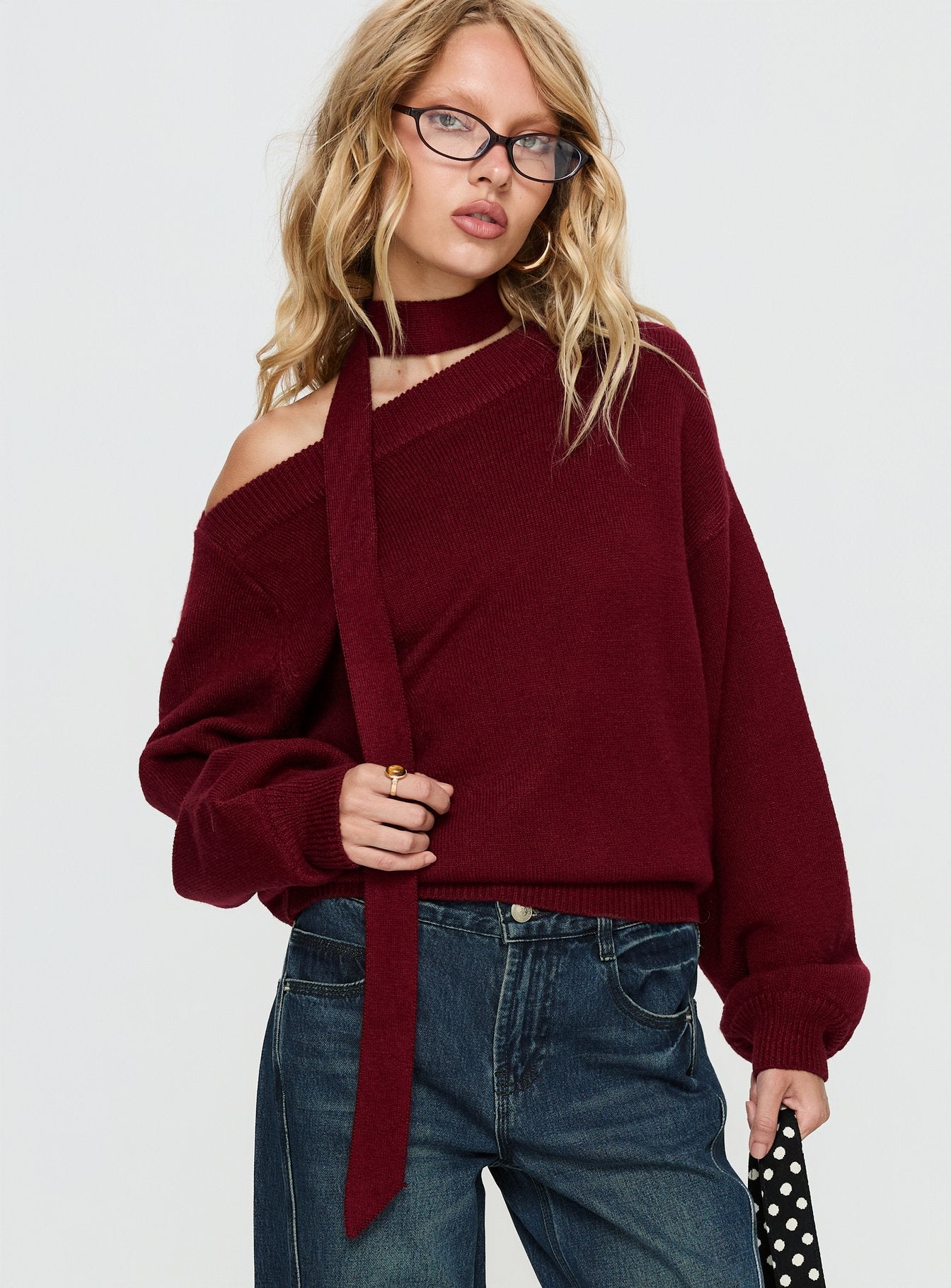 Ruthi Scarf Off Shoulder Knit Sweater Burgundy