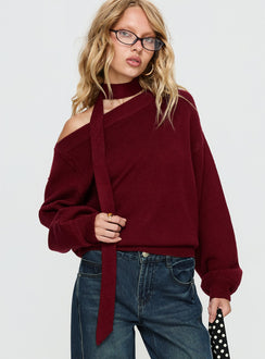 Ruthi Scarf Off Shoulder Knit Sweater Burgundy