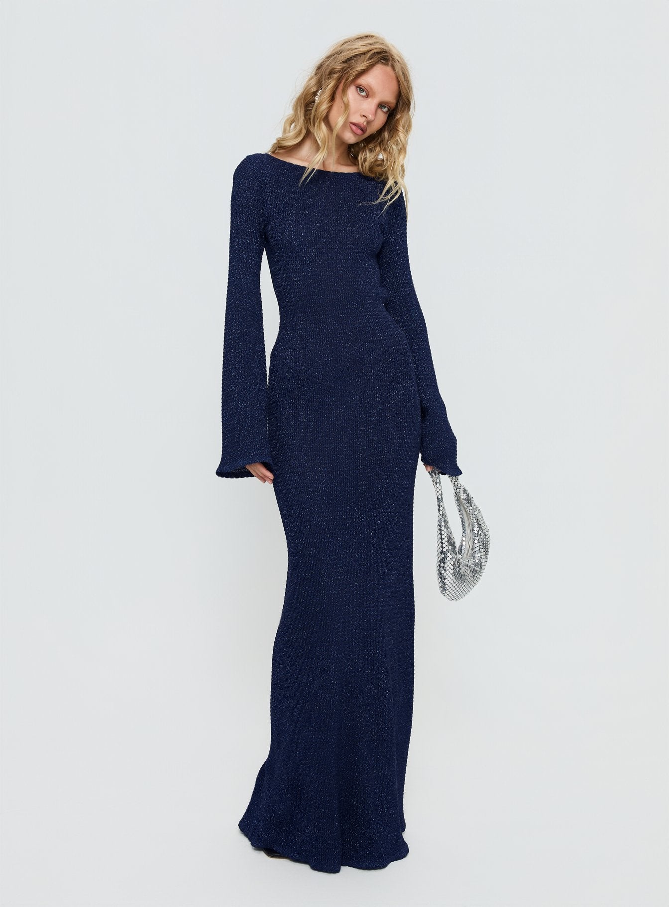 Rhapsody Long Sleeve Knit Maxi Dress Navy