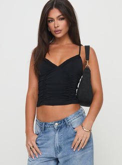 front view of model wearing Princess Polly Perseus Top Black Sleeveless V-Neck 