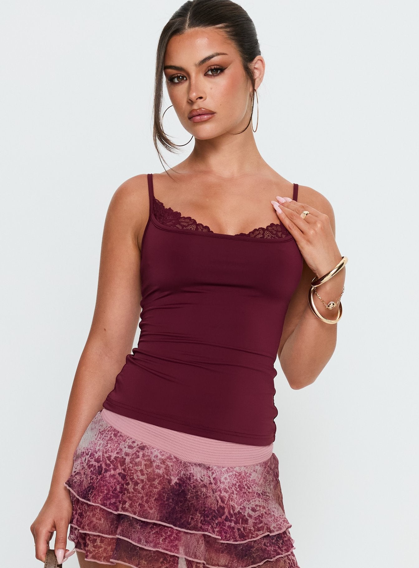 Spring To Summer Lace Trim Cami Top Plum