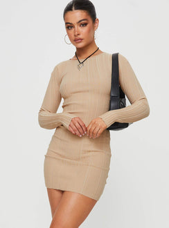 Front view of model wearing  front Princess Polly Sweetheart Neckline  Tomita Long Sleeve Mini Dress Beige