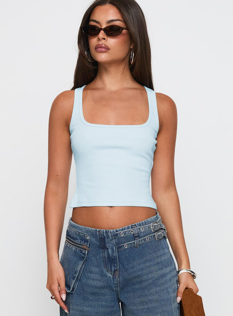 front view of model wearing Princess Polly Baseline Square Neck Rib Tank Top Light Blue Sleeveless Square Neck 