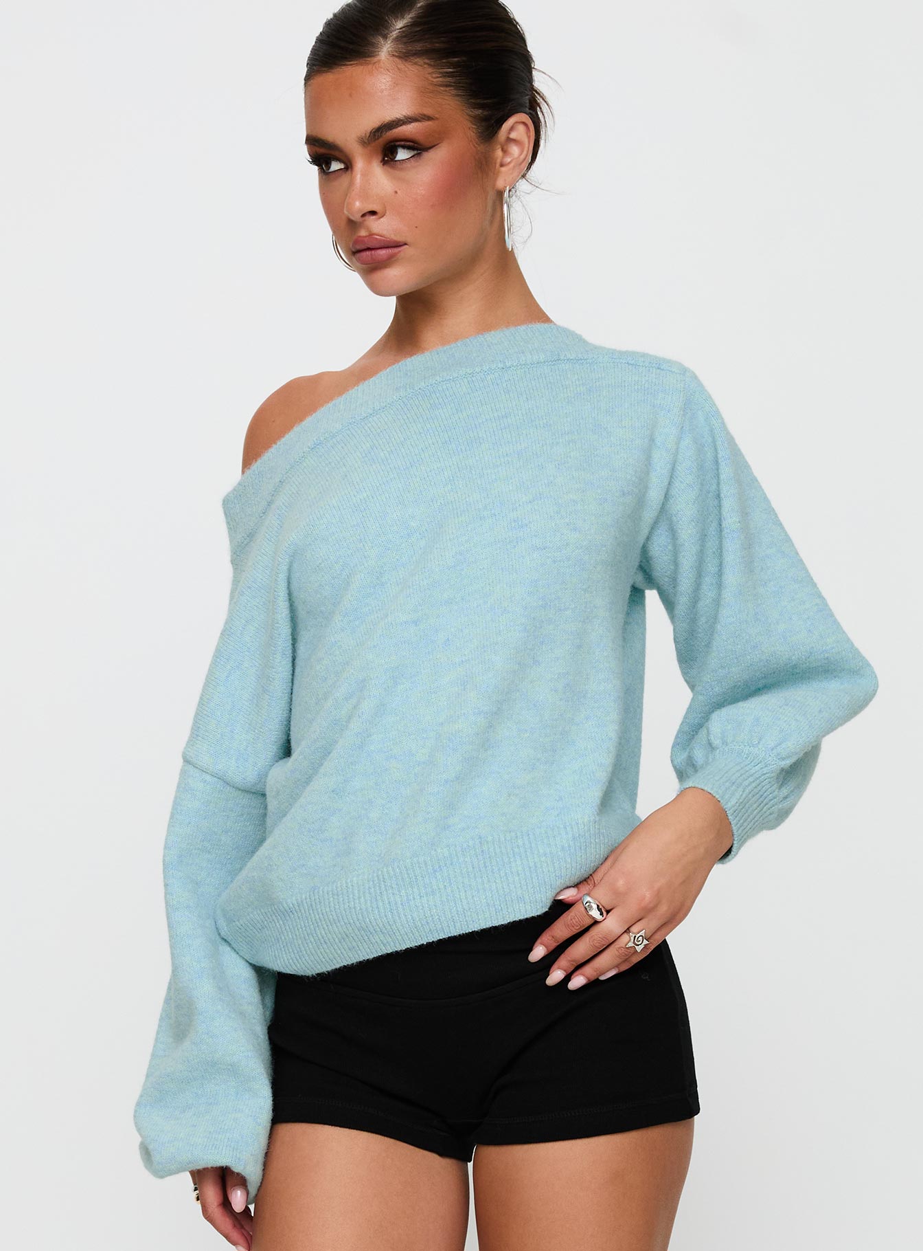 front view of model wearing Princess Polly Noble Off The Shoulder Jumper Blue 
