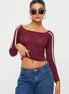 Front view of model wearing  front Princess Polly Full Sleeves Square Neck  Gavya Top Adrenalin Red / White