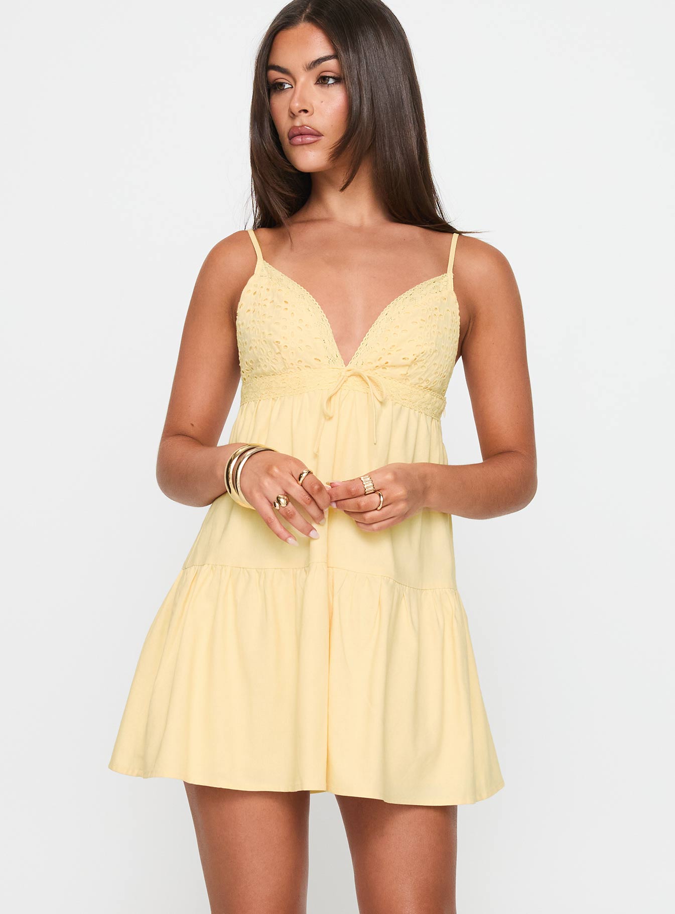 side view of model wearing Princess Polly Nicoletta Mini Dress Lemon Plunger 
