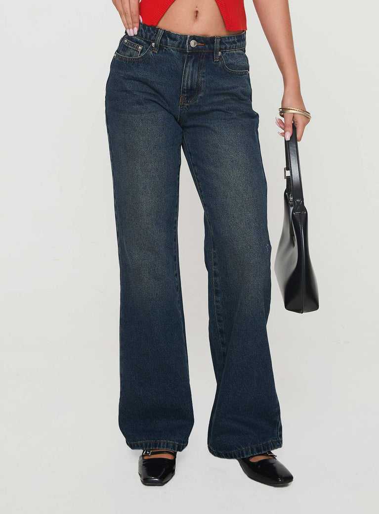 side view of model wearing Princess Polly Cybele Straight Leg Jean Dark Denim Mid Rise 