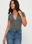 front view of model wearing Princess Polly Kandis Bodysuit Marle Grey Short Sleeves V-Neck 