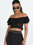 Crop top Mesh material Puff sleeve Ruched design Frill hem Good stretch Partially lined