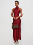 front view of model wearing Princess Polly Mordecai Halter Maxi Dress Burgundy High Neck 