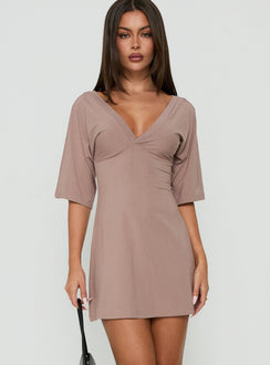Reyya 3/4 Sleeve V Neck Mini Dress Taupe