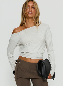 Ashlinn Off Shoulder Long Sleeve Drapey Top Grey Marle