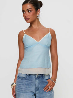 front view of model wearing Princess Polly Majorie Layered Top Blue / Cream Sleeveless V-Neck 
