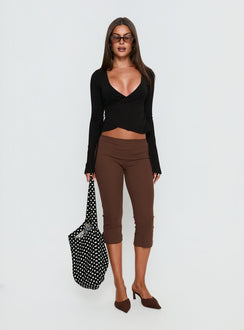 front view of model wearing Princess Polly Baseline Rib Capri Pants Chocolate Mid Rise Pants 