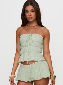 front view of model wearing Princess Polly Short And Sweet Strapless Top Green Check Sleeveless straight 