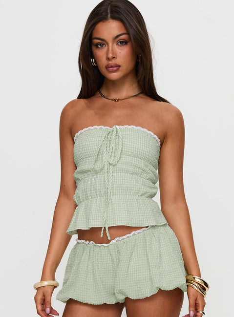 front view of model wearing Princess Polly Short And Sweet Strapless Top Green Check Sleeveless straight 