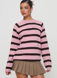 front view of model wearing Princess Polly Jacquette Knit Sweater Pink / Brown Long 