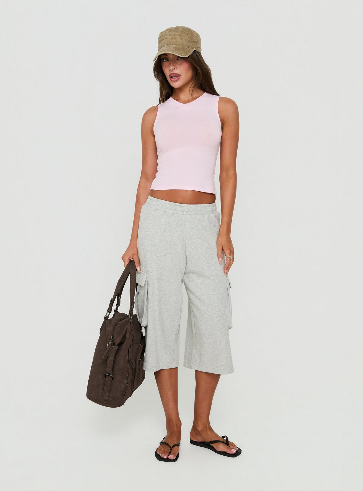 Harleah Wide Cargo Fleece Shorts Grey Marle