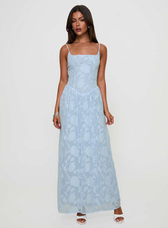 front view of model wearing Princess Polly Angeleina Maxi Dress Blue Floral Square Neck 