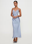 front view of model wearing Princess Polly Treasure Bias Cut Maxi Dress Blue V-Neck 