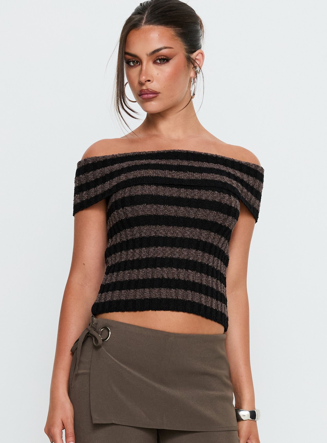 Murmur Off Shoulder Top Brown / Black Stripe