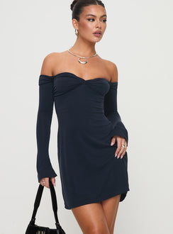 front view of model wearing Princess Polly Suizie Off The Shoulder Mini Dress Navy Sweetheart Neckline 