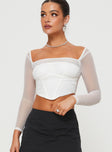 Long sleeve top  Square neckline, sheer mesh material, ruched detail at bust  Good stretch, lined body 