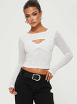 front view of model wearing Princess Polly Sandrine Twist Long Sleeve Top White Full Sleeves Scoop Neck 