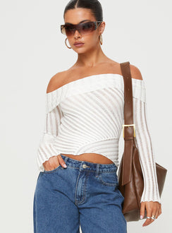 Front view of model wearing  front Princess Polly Full Sleeves Asymmetric Neckline  Cloud Top White