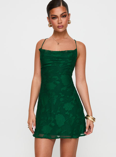 front view of model wearing Princess Polly Celena Mini Dress Forest Green Burnout Cowl Neck 