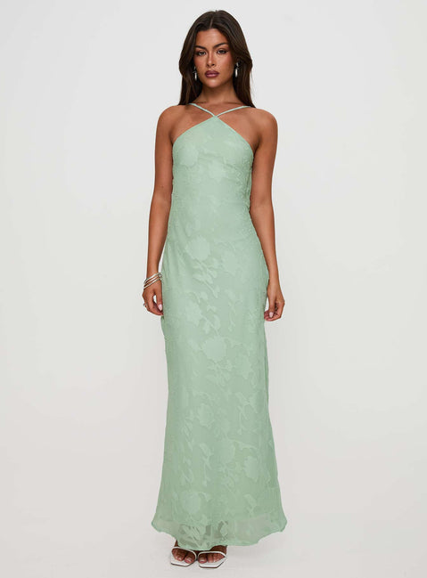 front view of model wearing Princess Polly Zoelle Halter Maxi Dress Sage V-Neck 